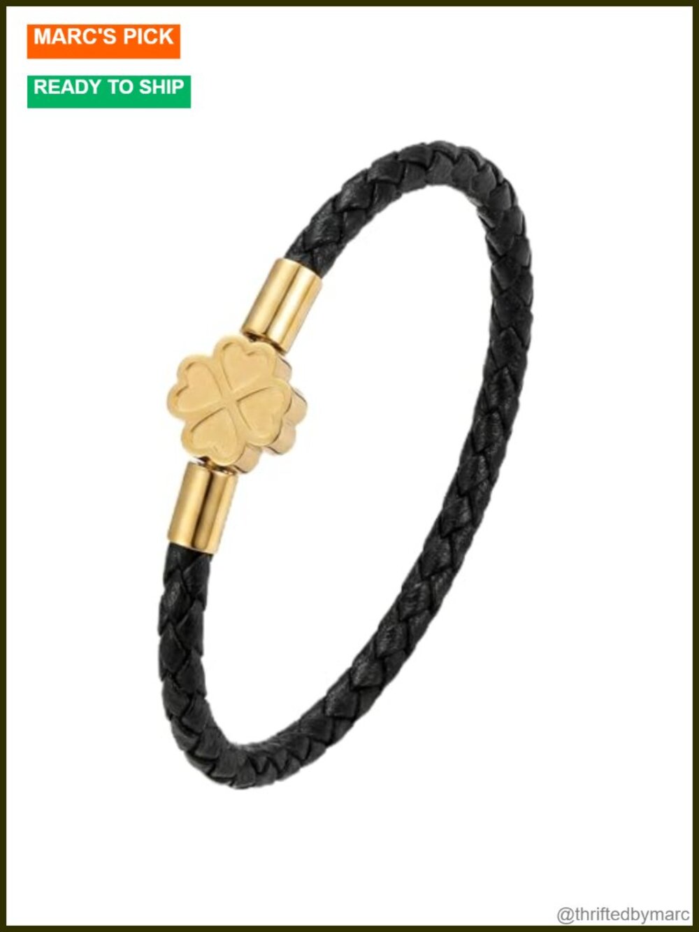Leporem Lucky Clover Braided Genuine Leather Bracelet 18K Gold Plated